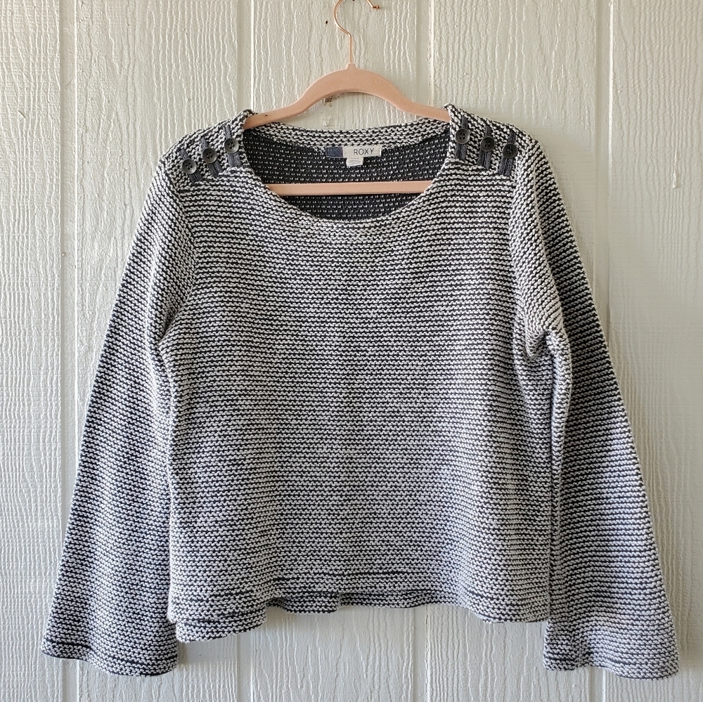 ROXY Nubby Textured Relaxed Fit Button Shoulder Cropped Sweater Beach Gray Large
